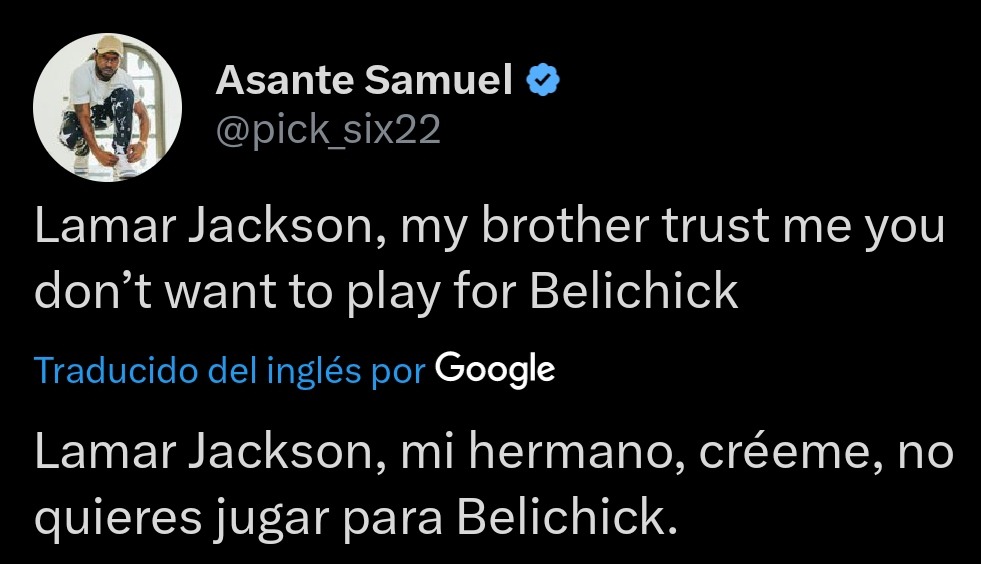 Tweet de Asante Samuel dirigiéndose al QB Lamar Jackson. 